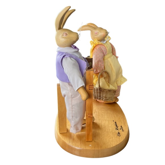 Raikes Originals THE HOPKINS Wood Carved Rabbit Couple w/ Fenced Stand Figures - Picture 3 of 13